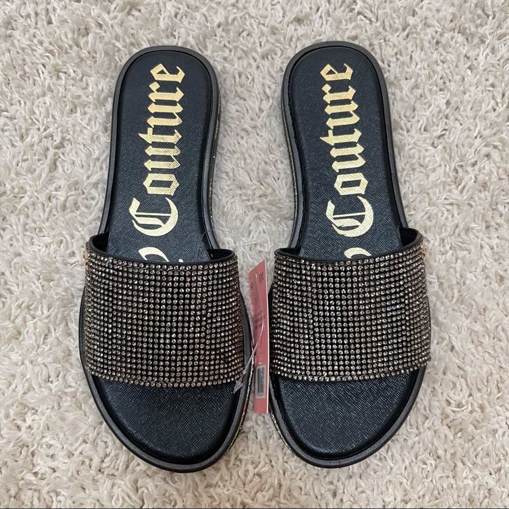 JUICY COUTURE Slide On Sandals Gold Bling Rhinestone Black Size 8 New With Tags